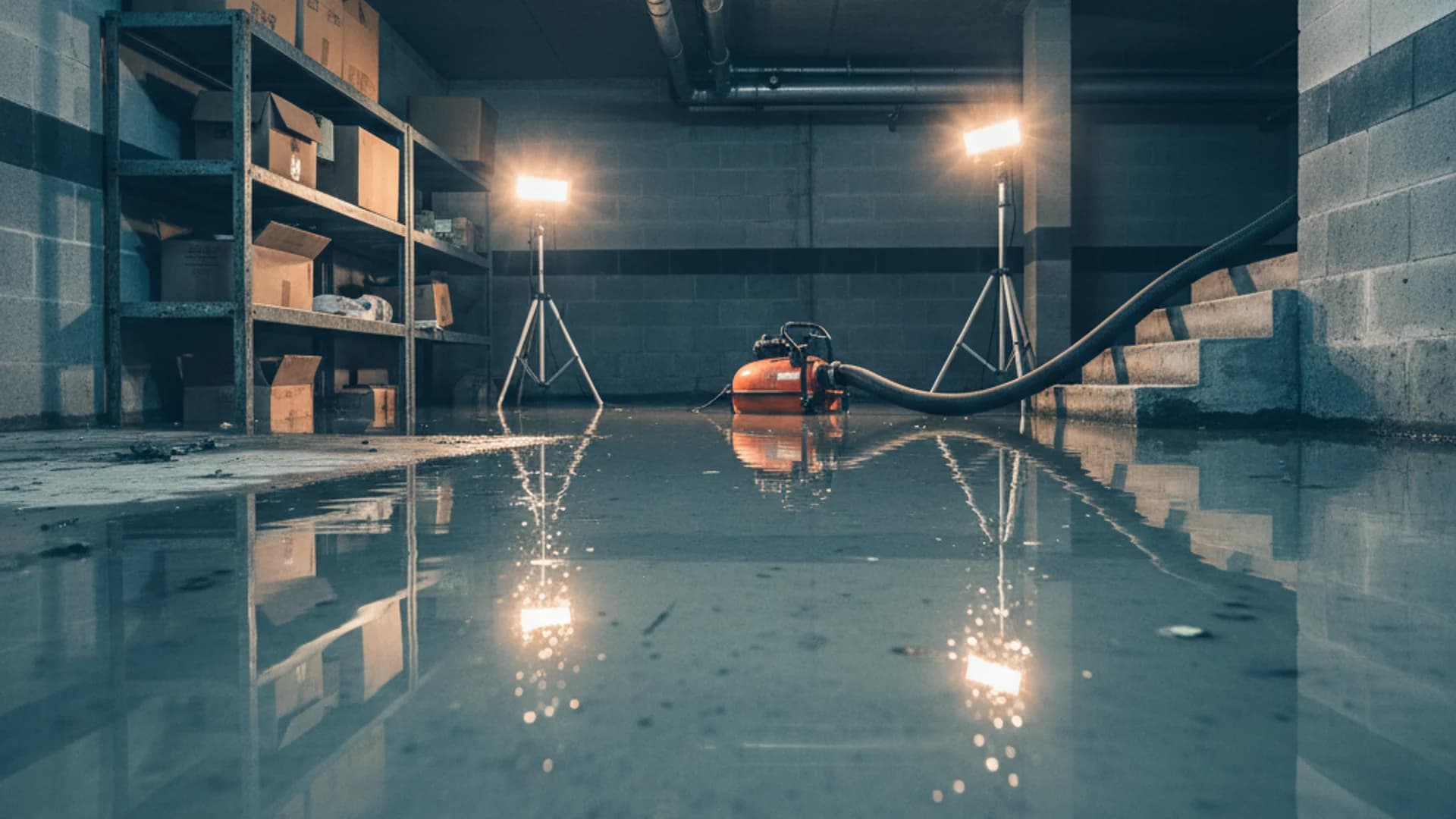 Basement flooding restoration with submersible pump extraction