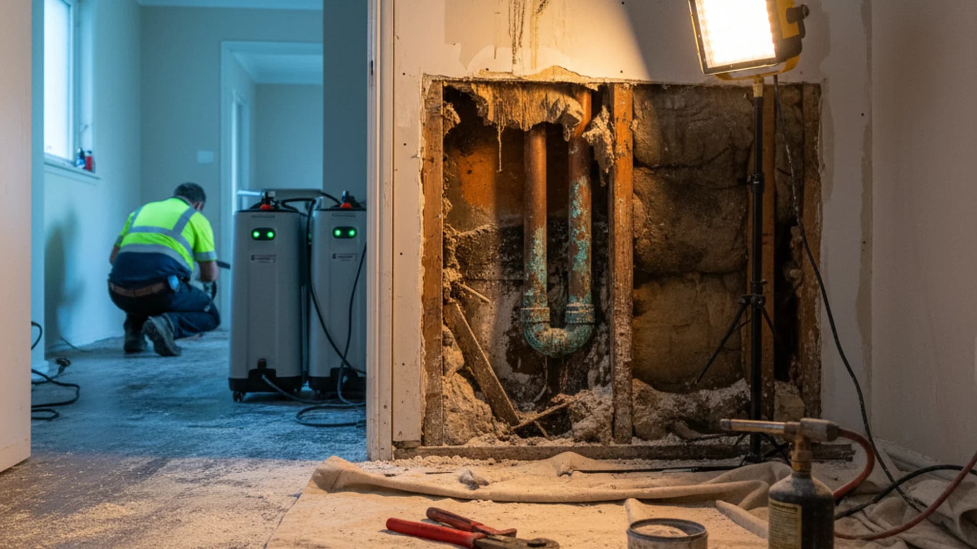 Emergency burst pipe water damage restoration